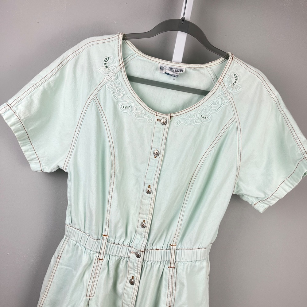 TOGETHER! Denim Maxi Dress Womens 12 Mint Green Button Up Vintage‎ Cottagecore